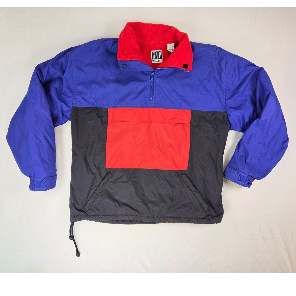 1990s Vintage GAP Color Block Half Zip Anorak Jacket Coat Red Fleece Lining S